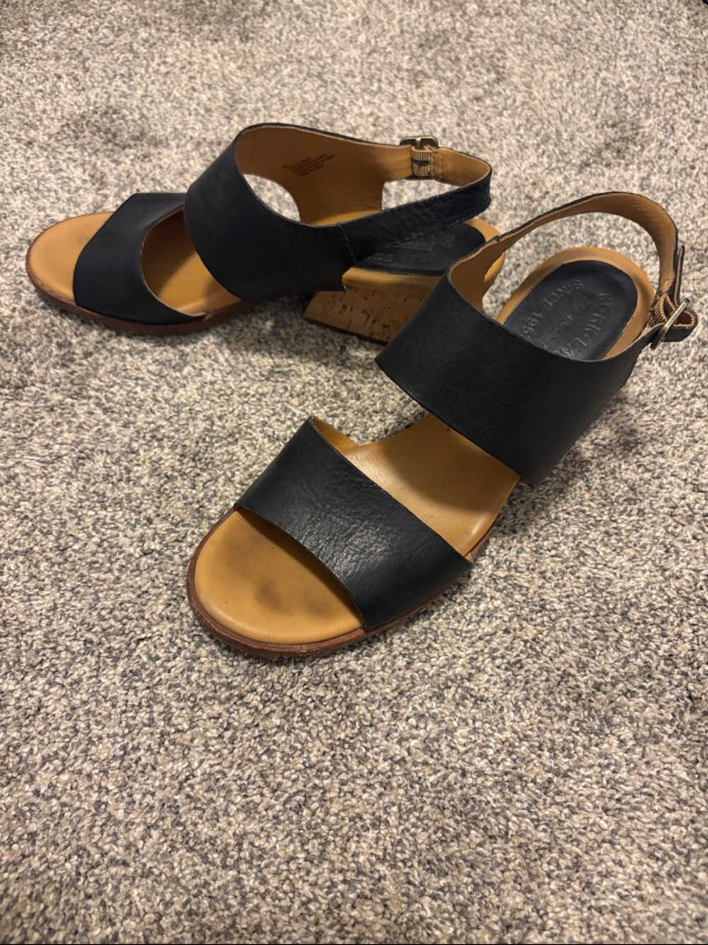 Kork-Ease Black Leather Cork Wedge Slingback Sandals